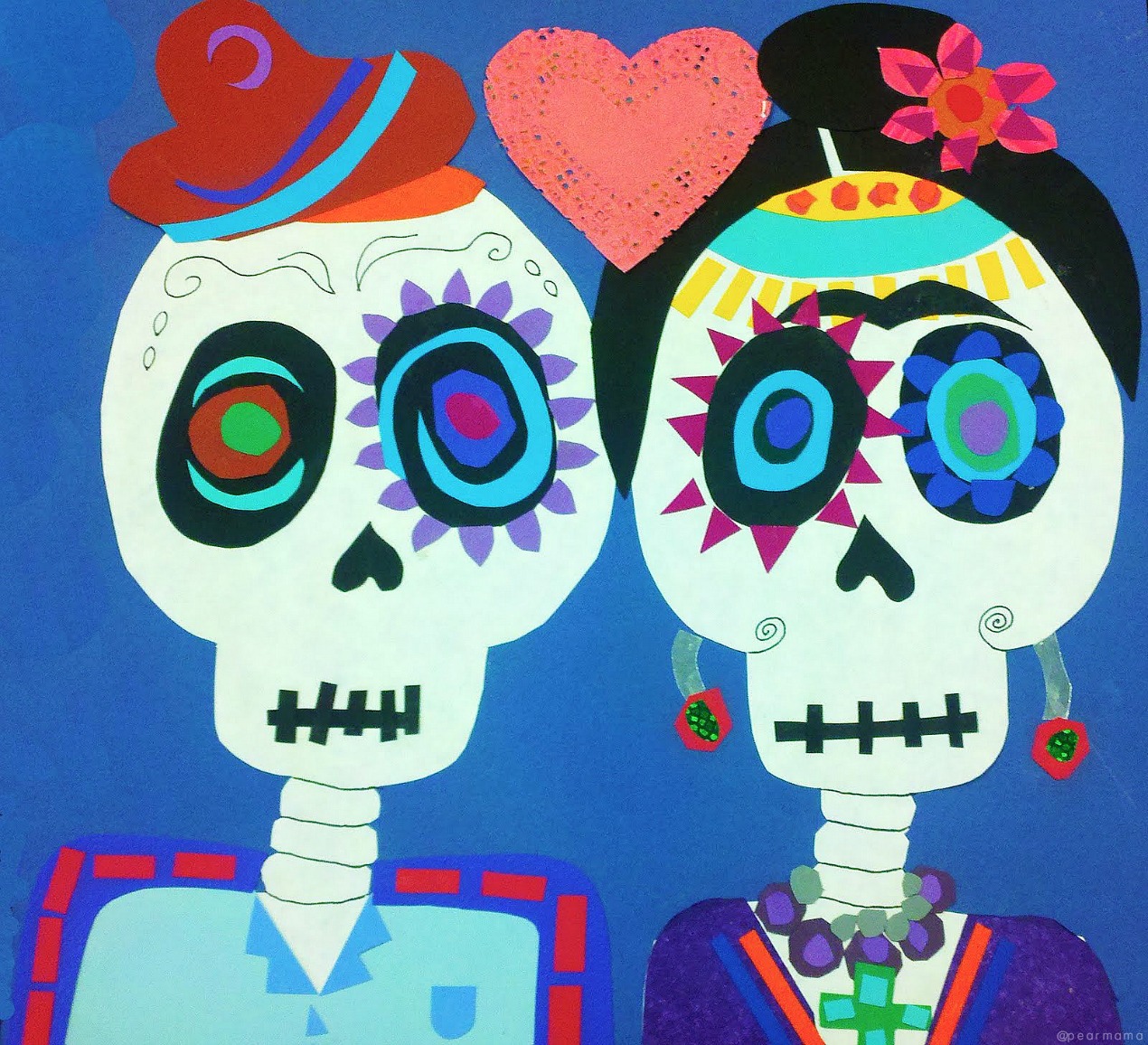 Create your own Frida Kahlo and Diego Rivera paper collage for Dia de los Muertos using colored scrapbook paper, scissors, glue and markers.